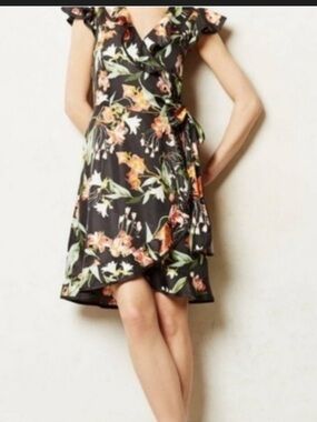Karen Walker Black Floral Dress with Orange and Green Blooms